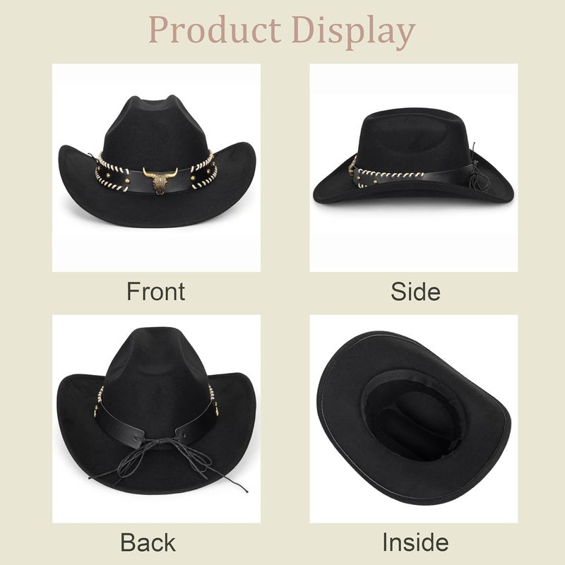 FGSS Western-Cowboy-Hats for Women Men - Classic Wide Brim Felt Fedora Unisex Upturn Bull Head Cowgirl Caps with Buckle Belt - Image 4